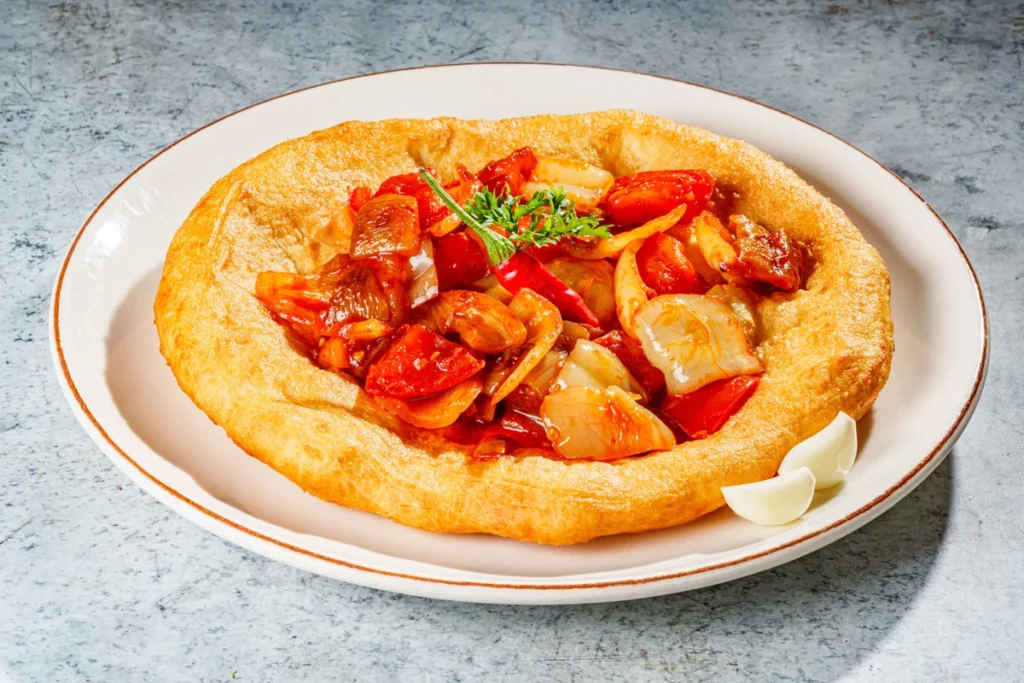 Langosh with "lecsó" (hungarian vegetable stew)