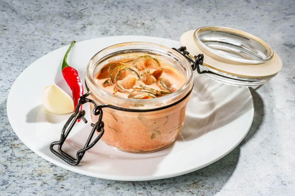 Sour cream cucumber salad in a clamped jar